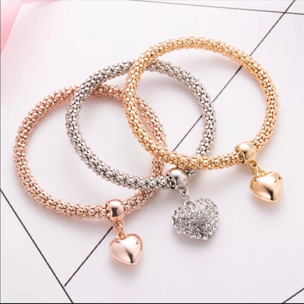 Heart Charm Bracelet bangles Set 3/pcs set - Picture 3 of 5